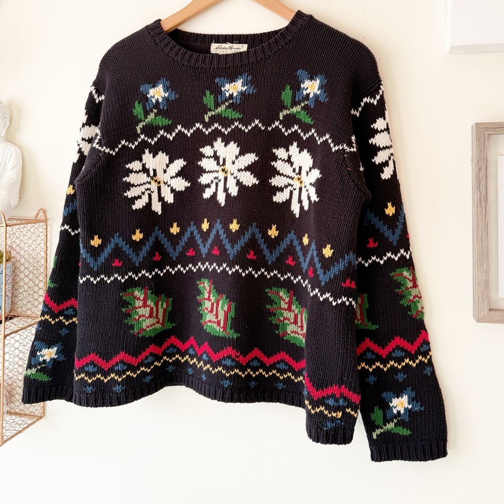 Eddie Bauer 90s Vintage Folk Art Floral Cotton Sweater Made in Hong Kong Size S - Picture 7 of 14